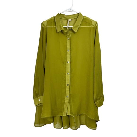 Comfy USA Size Large Green Semi Sheer Swing Button Front Tunic Top Hi Lo - Picture 1 of 8